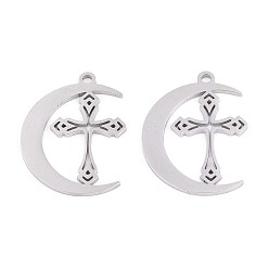 Нержавеющая Сталь Цвет 304 подвески из нержавеющей стали, луна с крестом амулет, анти-тускнение, цвет нержавеющей стали, 30x22.5x1.5 мм, отверстие : 2 мм