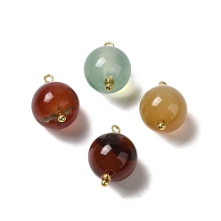 Mixed Color Dyed Natural Agate Pendants, Round Charms with Real 18K Gold Plated Brass Loops, Mixed Color, 20~20.5x11.5~12.5mm, Hole: 1.4~1.5mm
