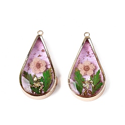 PeachPuff Epoxy Resin Pendants, Teardrop & Dried Flower Charms, with Sequins & Glitter Powder & Light Gold Plated Brass Edge and Loop, PeachPuff, 30.5x16x5~6mm, Hole: 1.6mm