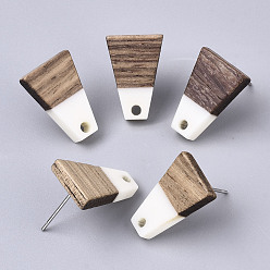 Creamy White Resin & Walnut Wood Stud Earring Findings, with 304 Stainless Steel Pin, Trapezoid, Creamy White, 18x12.5mm, Hole: 1.8mm, Pin: 0.7mm