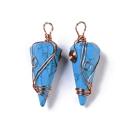 Synthetic Turquoise Synthetic Turquoise Dyed Copper Wire Wrapped Big Pendants, Faceted Cone Charms, Rose Gold, 50~50.5x16.5x18~19mm, Hole: 8x3.5~4mm
