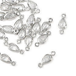 Real Platinum Plated SHEGRACE Brass Pave Clear Cubic Zirconia Teardrop Connector Charms, Cadmium Free & Nickel Free & Lead Free, Long-Lasting Plated, Real Platinum Plated, 10.5x4x1.5mm, Hole: 0.9mm & 1mm