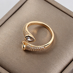 Golden Brass Micro Pave Cubic Zirconia Cuff Open Rings, Teardrop, Golden, 19mm