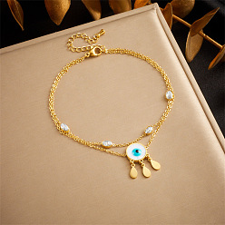 Evil Eye 304 двухслойные браслеты для щиколотки из нержавеющей стали с натуральными ракушками и хрустальными стразами для женщин, золотые, злые глаза, 8-1/4 дюйм (210 мм)