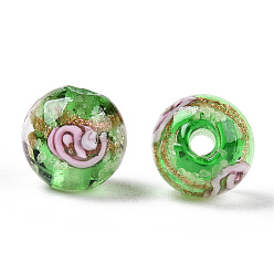 Светло-зеленый Светящиеся бусины лэмпворк из золота и песка ручной работы, светится в темноте, круглая с цветком, светло-зеленый, 8x8 мм, отверстие : 1.6 мм