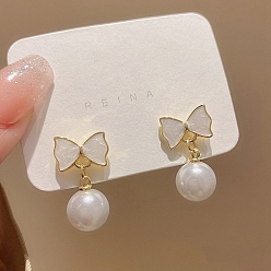 Bowknot Enamel & Pearl Stud Earrings, 925 Silver Silver Pin Earrings for Women, Bowknot, 26x13mm