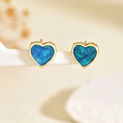Синий Серьги-гвоздики в форме сердца из нержавеющей стали, реальный 18 k позолоченный, синие, 12x11 мм