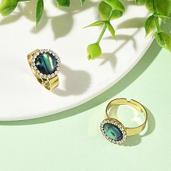 Golden Paua Shell Finger Rings for Women, Round, 304 Stainless Steel with Iron Rhinestone Finger Rings, Golden, 13mm, Inner Diameter: 17mm