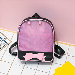 Pearl Pink Cute Bowknot PU Leather Backpacks, with Clear Window, for Women Girls, Pearl Pink, 31x27x10cm