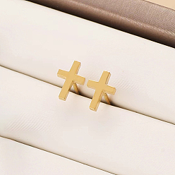 Real 18K Gold Plated 304 Stainless Steel Stud Earrings, Cross, Real 18K Gold Plated, 11x8mm