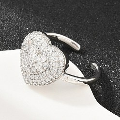 Clear Heart Brass Micro Pave Cubic Zirconia Cuff Open Rings for Women, Cadmium Free & Lead Free, Rack Plating, Platinum, Clear, 18mm