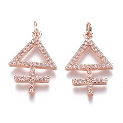 Roségold Messing micro pave klare zirkonia anhänger, langlebig überzogen, mit Ringe springen, Dreieck mit Kreuz, Roségold, 23x16x2 mm, Bohrung: 3 mm, Sprungring: 5x1 mm