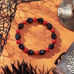 Черный Синтетический бирюзовые бисером браслеты простирания, череп, с расписными стеклянными бусинами, чёрные, внутренний диаметр: 2-1/4 дюйм (5.6 см)