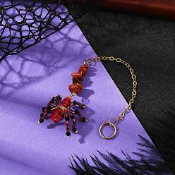 Красный Камень Подвеска в виде паука и черепа на тему Хэллоуина из окрашенной синтетической бирюзы и стеклянных бусин, с натуральной красной яшмой и латунными цепями-кабелями, 156 мм, отверстие : 17 мм
