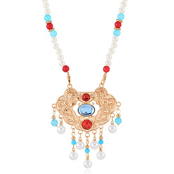 Небесно-голубой Старинный стиль 6мм имитация жемчуга круглая бисерная подвеска в виде облака сплава ханьфу длинное ожерелье, золотой свет, голубой, 25.59 дюйм (65 см)