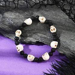 Смешанные камни Браслеты из натуральной лавы и синтетической бирюзы для женщин, череп, внутренний диаметр: 1-7/8 дюйм (4.8 см)