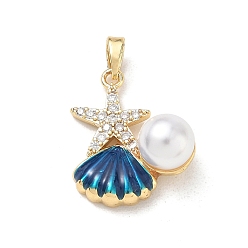 Shell Shape Brass Enamel Pendants, with Plastic Pearls & Rhinestone, Golden, Shell Shape with Starfish Charms, 21x17.5x10mm, Hole: 4x2.5mm
