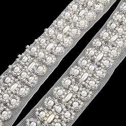 Floral White Polyester Lace Trims, with ABS Imitation Pearl Beads and Glass, Floral White, 7/8 inch(22mm)