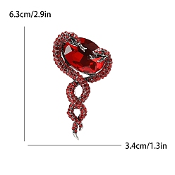 Red Alloy with Rhinestone Brooches, Snake, Red, 63x34mm