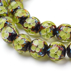 Зелено-Желтый Ручной внутренняя цветочные бусины бисер пряди, круглые, зеленый желтый, 12 мм, отверстие : 2 мм, 30 шт / нитка, 12.3 дюйм