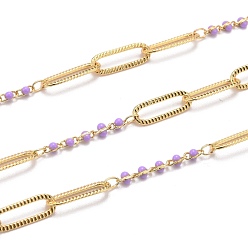 Lilac Golden Plated Handmade Enamel Beaded Chains, Brass Paperclip Chains, Long-Lasting Plated, Soldered, with Spool, Lilac, Link: 15x5x0.7mm and 5x1.7x2mm, about 32.8 Feet(10m)/roll