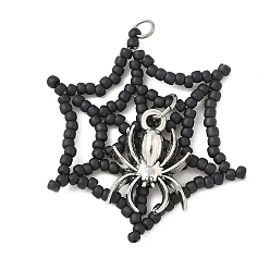 Черный Подвески из стеклянных бусин в виде паутины на тему хэллоуина, с паучьими подвесками в тибетском стиле, чёрные, 43x33 мм, отверстие : 2.5 мм