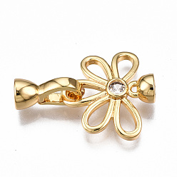 Real 18K Gold Plated Brass Micro Pave Clear Cubic Zirconia Fold Over Clasps, Nickel Free, Flower, Real 18K Gold Plated, 25mm long, Flower: 16.5x17.5x5mm, Hole: 3mm, Clasps: 12x7x5.5mm, Hole: 3.5mm
