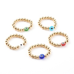 Mixed Color Golden Plated Brass Stretch Rings, with Evil Eye Lampwork Beads, Flat Round & Round, Mixed Color, US Size 10 1/2(20.1mm)