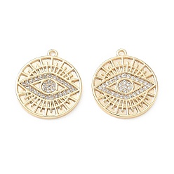 Real 18K Gold Plated Brass Micro Pave Clear Cubic Zirconia Pendants, Flat Round with Evil Eye Charms, Real 18K Gold Plated, 20x18x2mm, Hole: 10.2mm