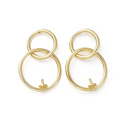 Golden Brass Stud Earring Findings, For Half Drilled Beads, with Ear Nuts and 925 Sterling Silver Pin, Ring, Golden, 22~23mm, Pin: 0.7mm, Tray: 3mm