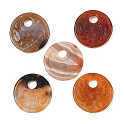 Natural Agate Natural Agate Carved Pendants, Flat Round with Flower Charms, 31x6mm, Hole: 1.2mm