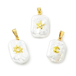 Золотой 3 шт. 3 стили подвески из натурального барочного жемчуга кеши, Прямоугольные подвески с латунным фрагментом солнца, луны и звезды., белые, золотые, 20.5~22x13~14x5~6.5 мм, отверстие : 6x2.5~3 мм, 1 шт / стиль