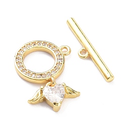 Golden Brass Micro Pave Clear Cubic Zirconia Toggle Clasps, Ring with Heart & Wing, Golden, Ring: 14mm wide, 20mm long, 3.5mm thick, Hole: 1mm, Bar: 4x19.5x2mm, Hole: 1mm