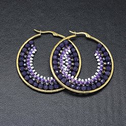 Индиго Серьги из 304 нержавеющей стали, серьги-кольца с бусинами, со стеклянными бусинами, кольцо, золотые, индиговые, 51.5x49x4 мм