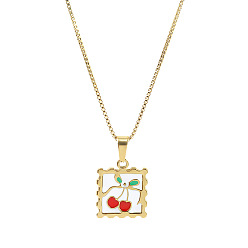 Cherry 304 Stainless Steel Enamel Fruit Stamp Pendant Necklaces for Women, Golden, Red, Cherry, 17.72 inch(45cm)