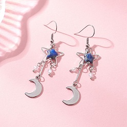 Ляпис-Лазурь Серьги-подвески из натурального лазурита в форме луны, с 304 нержавеющей стали серьги крючки, платина, 60x16 мм