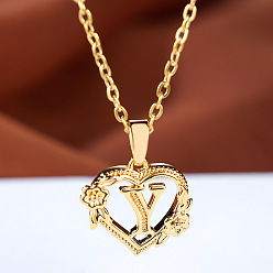 Letter Y Цепочка из латуни с подвеской в виде сердца в форме розы и буквы, золотые, Письмо Y, 17.72 дюйм (45 см)