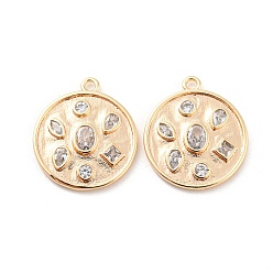 Настоящее золото 18K Подвеска из прозрачного стекла, с латунной найти, плоские круглые прелести, реальный 18 k позолоченный, 18x16x2.5 мм, отверстие : 1.4 мм
