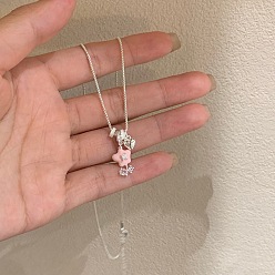 Pink Подвеска-цветок из латуни с прозрачными кубическими циркониями и эмалью, для женщин., серебряный цвет гальваническим, розовые, 17.72 дюйм (45 см)