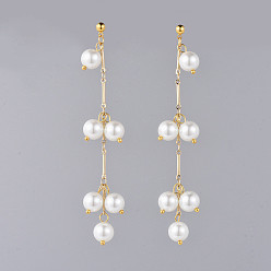White Long Earrings, with Brass Stud Earrings Findings, Round Glass Pearl Beads and Earring Backs/Ear Nuts, Golden, White, 88mm, Pin: 0.7mm