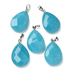 Темно-Голубой Естественно окрашенные белый нефрит кулоны, граненые подвески-слезинки с застежками из латуни платинового оттенка, глубокое синее небо, 27.5x18x6.5 мм, отверстие : 6x3.5 мм