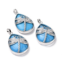 Говлит Подвески из окрашенного натурального говлита, с латунной фурнитурой платинового цвета, без свинца и без кадмия, слезинка с подвесками в виде стрекоз, 40~40.5x26~26.5x9~9.5 мм, отверстие : 5x7 мм