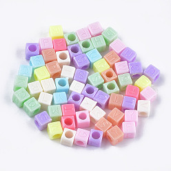 Mixed Color Opaque Acrylic Beads, Horizontal Hole, Cube with Letter, Mixed Color, 5.5~6x5.5~6x5.5~6mm, Hole: 3.5~4mm, about 4160pcs/500g