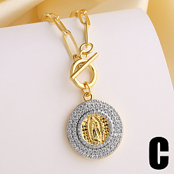 Virgin Duo Tone Religion Brass Micro Pave Clear Cubic Zirconia Flat Round Pendant Necklaces, Golden & Stainless Steel Color, Virgin, 19.69 inch(50cm)