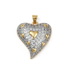 Сердце Латунные микропаве прозрачные подвески с фианитом, сердце прелести, без кадмия и без свинца, стойки покрытие, долговечный, реальный 18 k позолоченный, сердце, 26.5x23.5x8 мм, отверстие : 4.5x3.5 мм