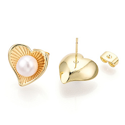 Настоящее золото 18K Натуральный жемчуг серьги, серьги-сердечки из латуни со шпильками из стерлингового серебра 925, без кадмия, без никеля и без свинца, реальный 18 k позолоченный, 15x15 мм, штифты : 0.8 мм