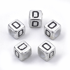 Letter D Покрытие акриловыми шариками, горизонтальное отверстие, куб с письмом, античное серебро, letter.d, 6 мм, отверстие : 3 мм, Около 3000 шт / 500 г