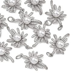 Platinum SHEGRACE Brass Pave Clear Cubic Zirconia Pendants, with ABS Imitation Pearl, Flower Charms, Cadmium Free & Nickel Free & Lead Free, Long-Lasting Plated, Platinum, 22x13x7mm, Hole: 3.5mm