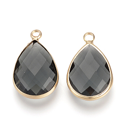 Серый Стеклянные подвески, с латунной фурнитурой , граненые, капля, золотой свет, серые, 14x7.5x4 мм, отверстие : 1.8~2.3 мм