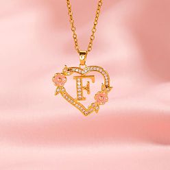 Letter F Латунные кристаллы горный хрусталь полые розы сердце с подвеской в виде буквы для женщин, с розовым эмали, золотые, Буква F, 19.69 дюйм (50 см)